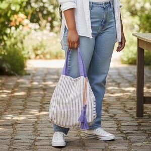 Mercado Global by Stitch Fix Purple and Tan Tote Bag with Striped Design
